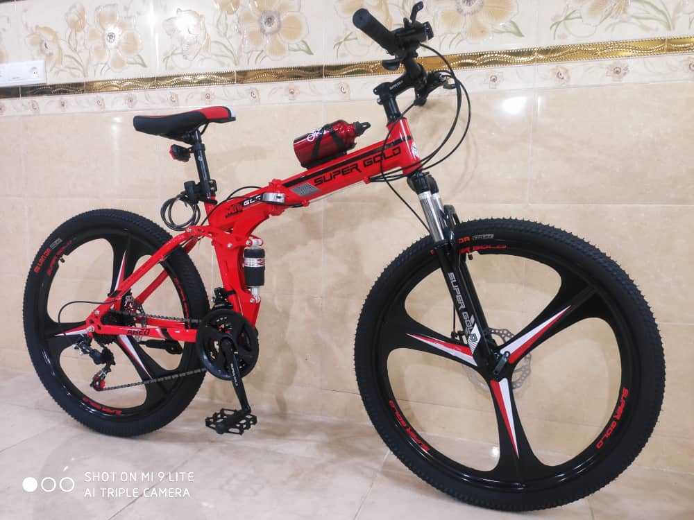 دوچرخه تاشو سایز ۲۶، ۲۴ و ۲۷  SUPER GOLD سوپر گلد ،  رینگ‌ سه پره رنگ قرمز همراه با هدیه