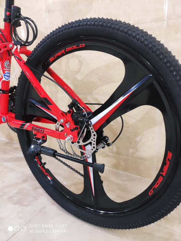 دوچرخه تاشو سایز ۲۶، ۲۴ و ۲۷  SUPER GOLD سوپر گلد ،  رینگ‌ سه پره رنگ قرمز همراه با هدیه