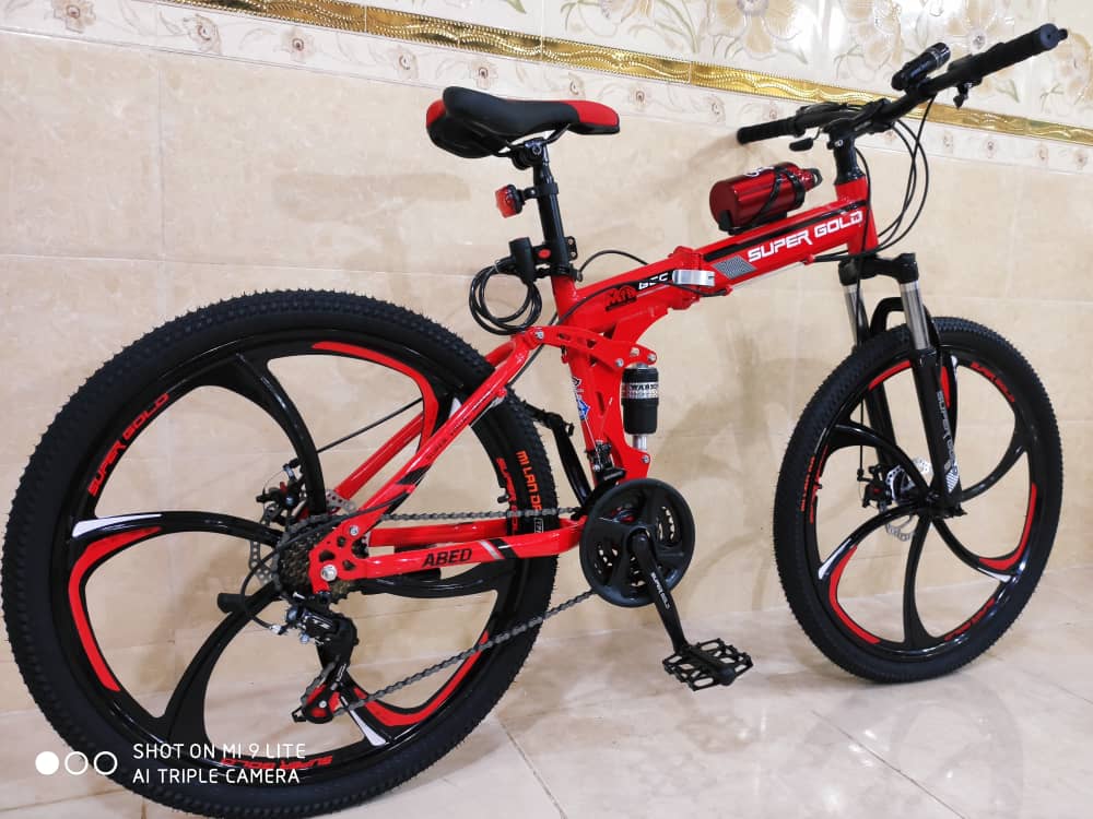 دوچرخه تاشو سایز ۲۶ ،۲۴ و ۲۷  SUPER GOLD  سوپر گلد ، رینگ‌ شش پره رنگ‌ قرمز  همراه با هدیه
